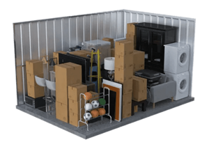 A 3D rendered image of a storage room with various items.